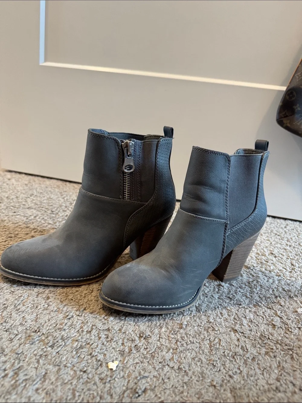 Aldo Charcoal Gray Leather Ankle Booties with Block Heel